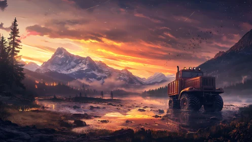 Rugged red truck rests quietly beneath a blazing mountain sky