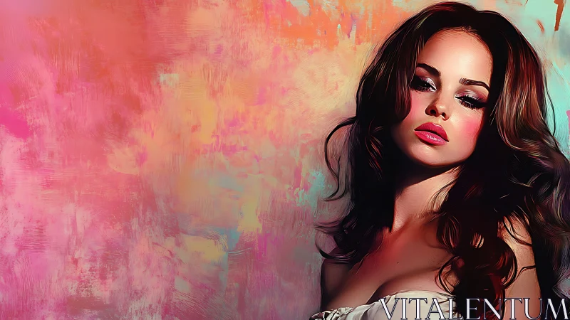 Velvet-gazed muse draped in neon sunset brushstrokes.