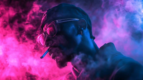 Side profile portrait of smoker in neon colored smoke.
