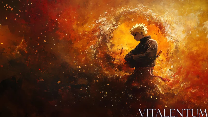 Solitary anime warrior stands amid blazing abstract vortex