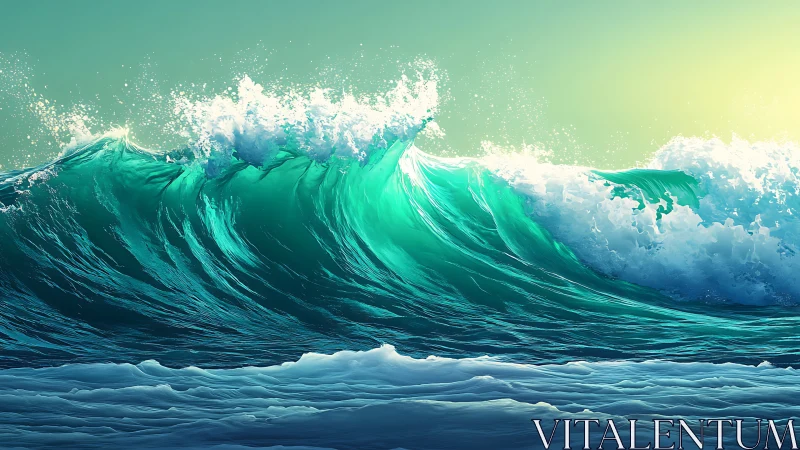 Emerald ocean wave curls under radiant sunrise light.