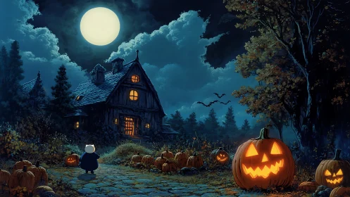 Full moon night scene with jack o lanterns and cottage.