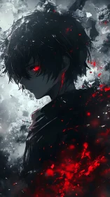 Dark anime antihero glows with crimson infernal power.