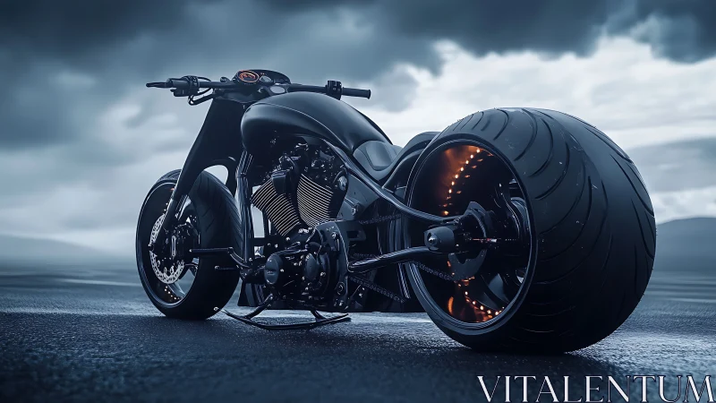 Low-angle view of custom black motorcycle on wet asphalt.