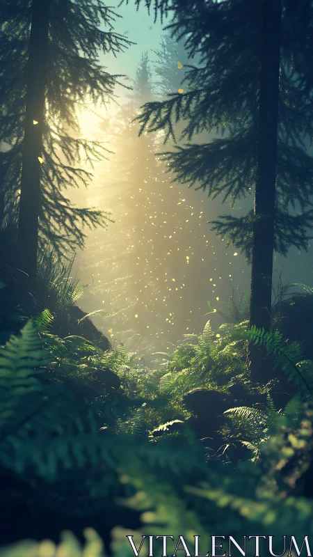 Radiant Woodland Corridor with Luminous Particles Through Ancient Forest