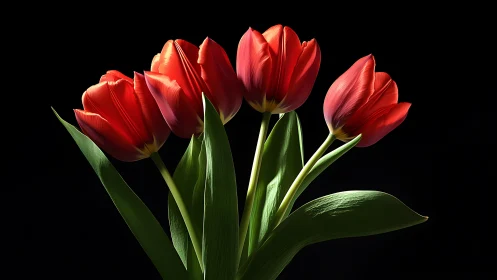Red tulips with green stems against black background.