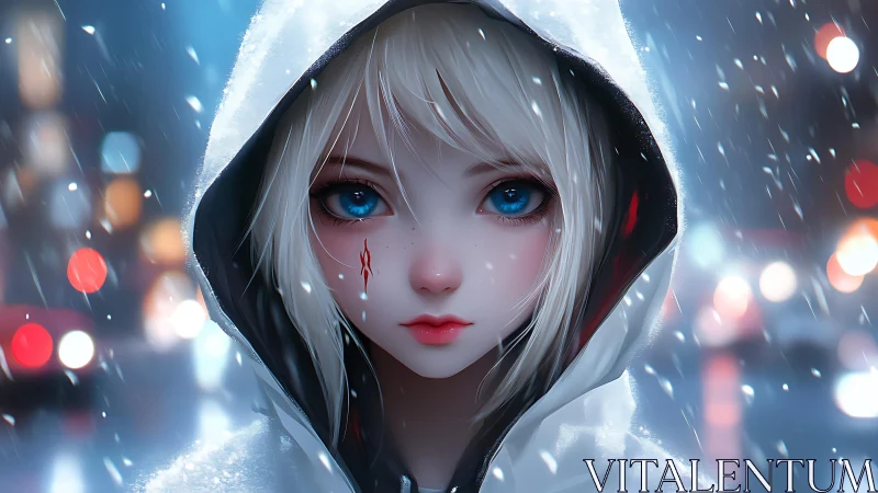 Snowlit hooded heroine with neon eyes in rainy city night.