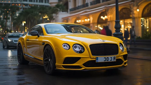 Yellow grand tourer coupe on wet urban boulevard at dusk