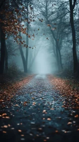 Fog-drenched forest lane with autumn leaves in motion.