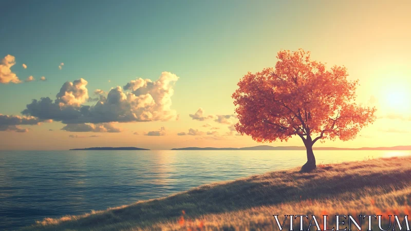 Golden sunset tree by a gentle sea of calm light.