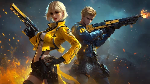 Armed duo in yellow and blue tactical outfits in combat stance.