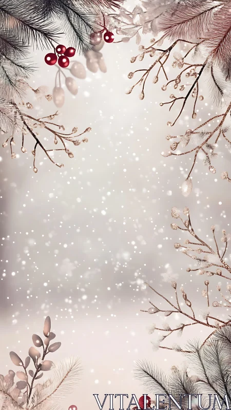 Wintry pine branches framing soft falling snowflakes scene.