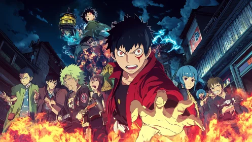 Fiery street heroes surge forward through stormlit night.