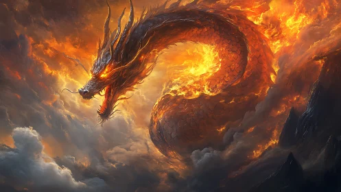 Infernal serpentine dragon coils through volcanic storm sky.