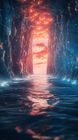 Rock tunnel over water reflects glowing sunset sky colors