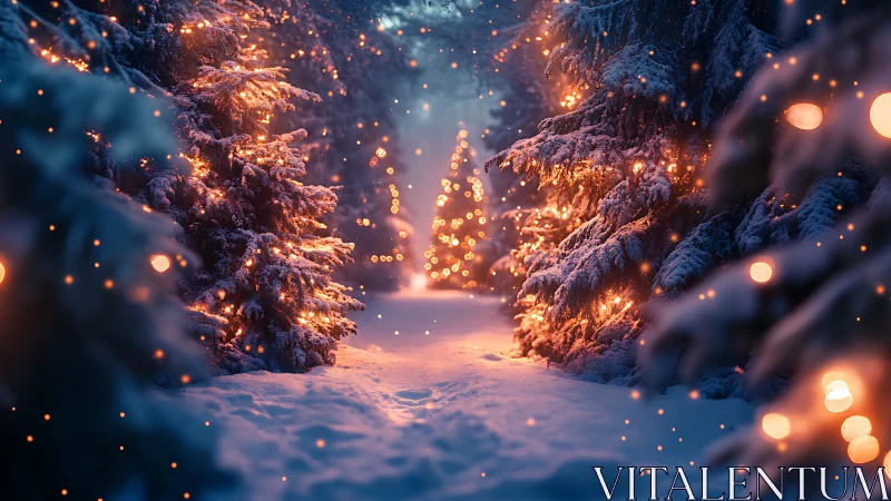 Snowy forest path lined with glowing warm holiday lights.