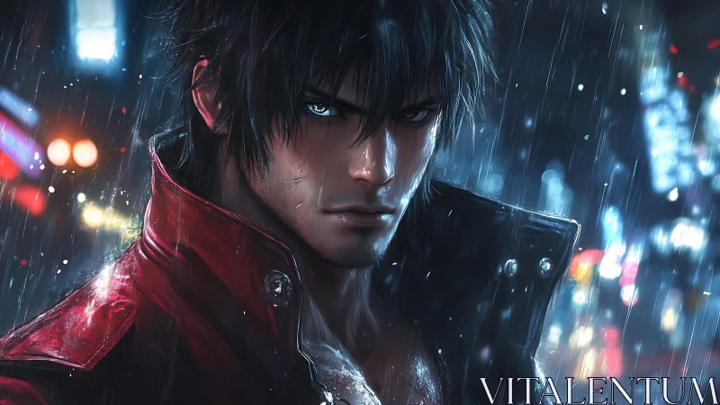 Steel-eyed rain wanderer in neon-soaked midnight streets.