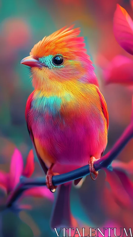 High-saturation neon songbird rendered with hyper-detailed plumage