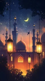 Lantern-lit moonrise above a golden desert palace dreamscape.