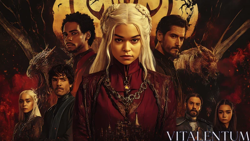 Fantasy queen leads tense ensemble before blazing sigil.