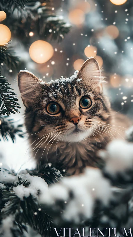 Tabby Cat with Snow-Dusted Face in Winter Bokeh