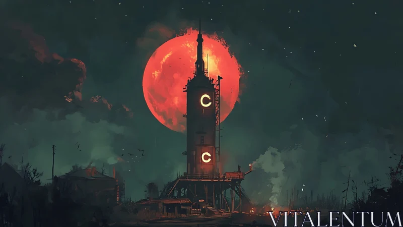 Rocket tower stands before red supermoon in smoky night sky