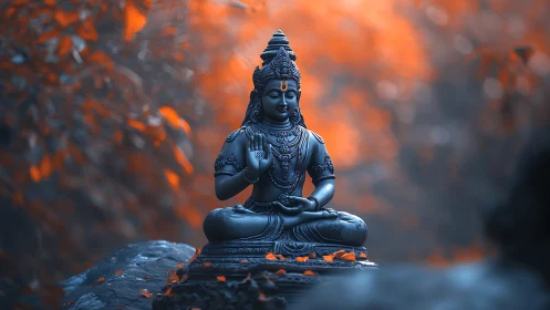 Serene Hindu deity statue amid cool blue, warm orange bokeh.