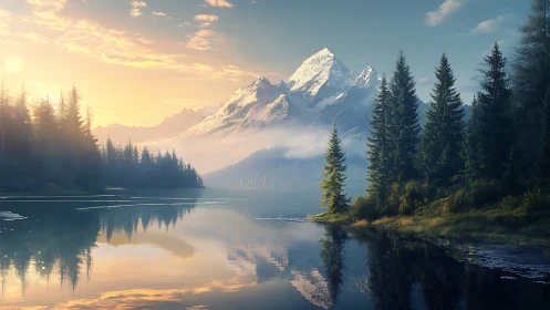 Snowy mountain over calm forest lake at sunrise light.