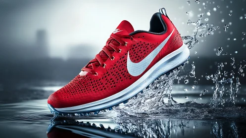 Hydrophobic red running shoe in dynamic splash impact scene.