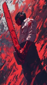 Digital painting of chainsaw warrior in dynamic red field.