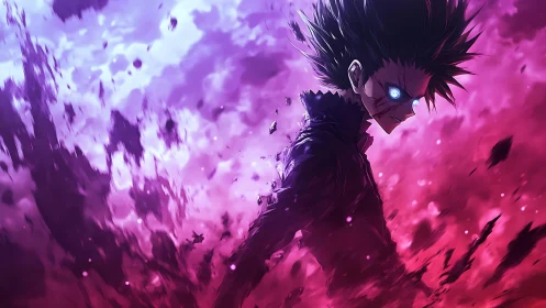 Stormlit anime warrior wrapped in glowing violet fury.