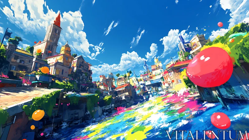 Colorful canal city glows under a bright and playful sky