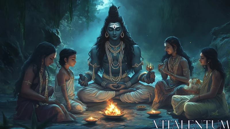 Divine blue figure meditating with four devotees by fire.