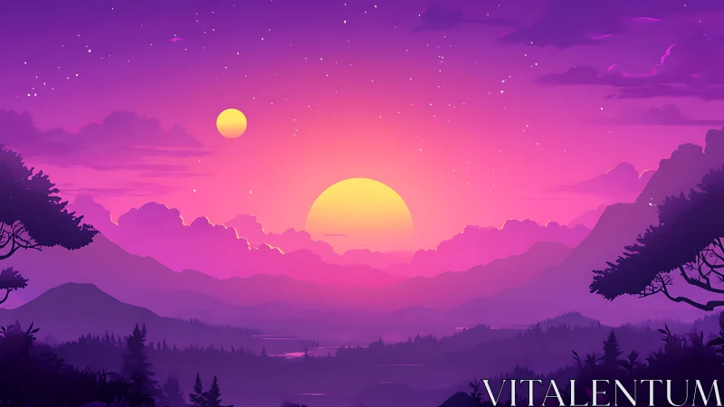 Twin-sun lavender horizon bathing alien forests in glow.