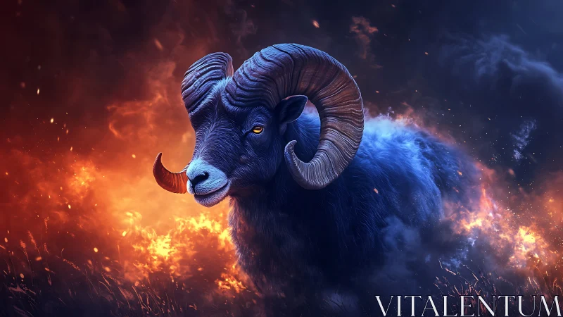 Mythic ram strides through burning field under storm sky