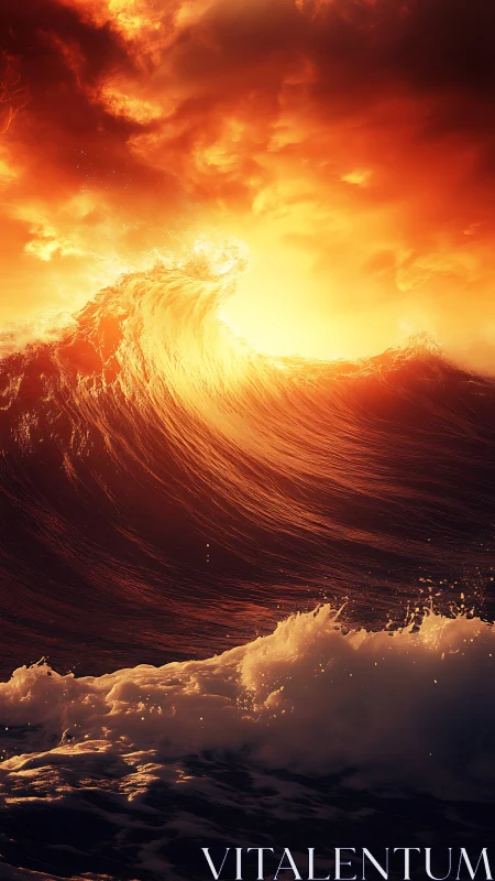 Fiery sunset wave curls beneath blazing storm-lit sky.