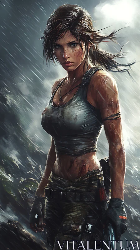 Female adventurer in wet tactical gear under heavy rain.