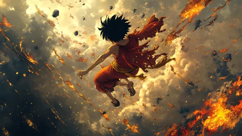 Skyfall monk twisting through a storm of falling embers.