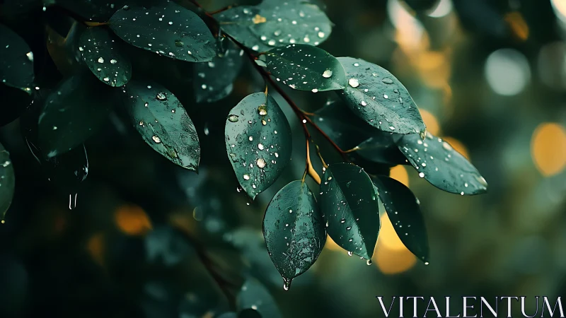 Rain droplets on dark green leaves in soft evening light.