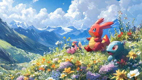 Sunny mountain meadow adventure with playful creature friends.