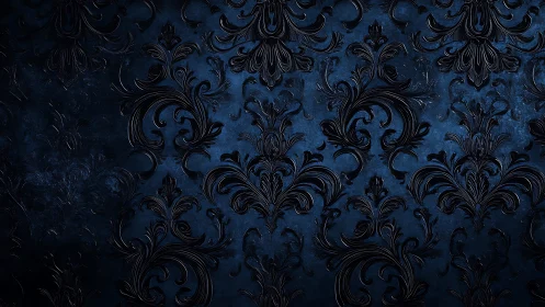 Dark blue baroque wallpaper shows embossed floral scrolls
