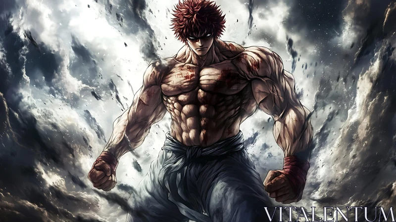 Storm-torn warrior plants his fists at the world’s edge