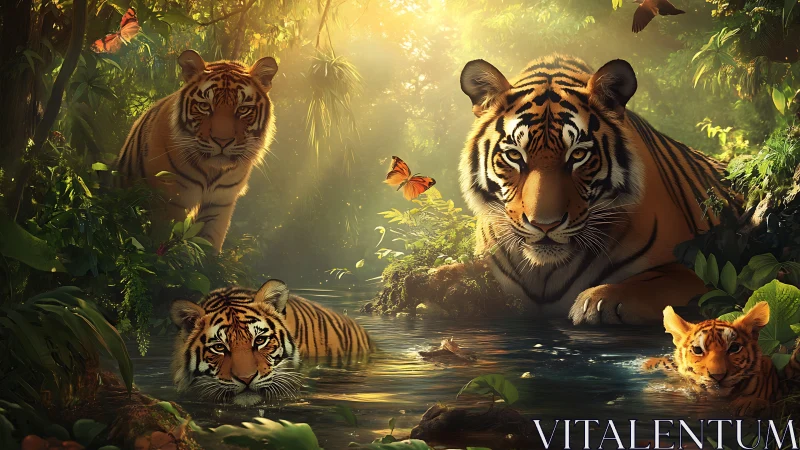 Tigers in Golden Jungle Mist with Butterflies and Stream