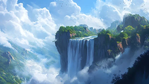 Massive Waterfall Cascading From Towering Mountain Plateau.