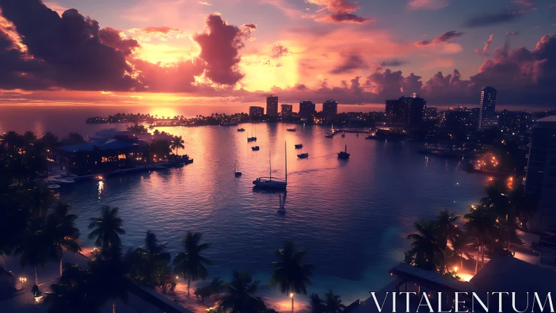 Urban waterfront bay with boats at sunset under clouds.