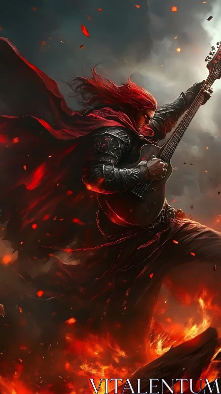Firelit warrior guitarist unleashes blazing solo inferno