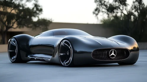 Futuristic black concept car gliding into a soft sunset glow.