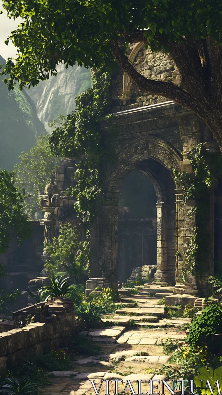 Overgrown stone ruins with archway in dense green forest.