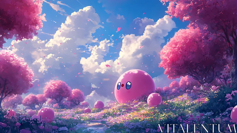 Spherical pink characters in a luminous cherry blossom meadow