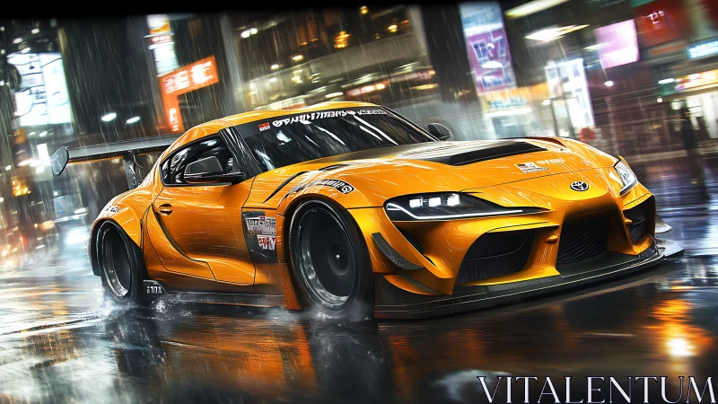Modified orange sports car moves through wet urban street